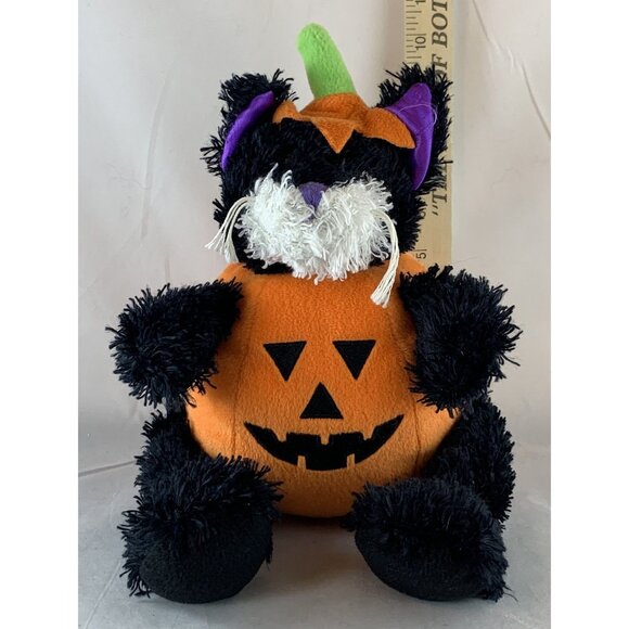 Halloween Plush Black Cat In Pumpkin Costume By PBC International Jack-o-Lantern - Picture 9 of 11